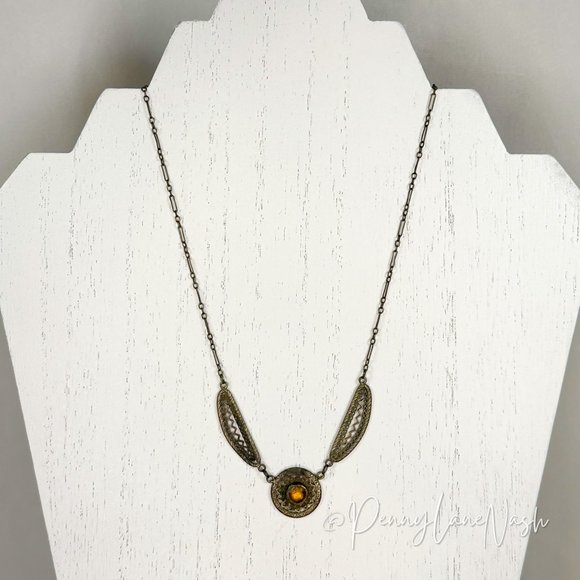 Vintage Jewelry - Vintage Brass Circle w/ Dual Feathers Festoon Necklace